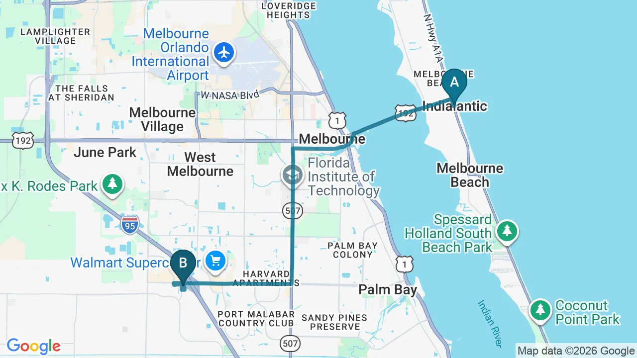 Driving directions map from Indialantic, FL to Melbourne Chiropractic Spine & Injury Center in Palm Bay