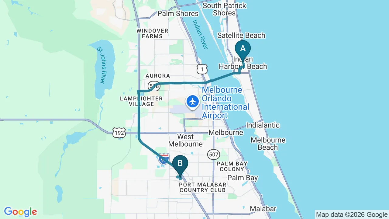 Driving directions map from Indian Harbour Beach, FL to Melbourne Chiropractic Spine & Injury Center in Palm Bay