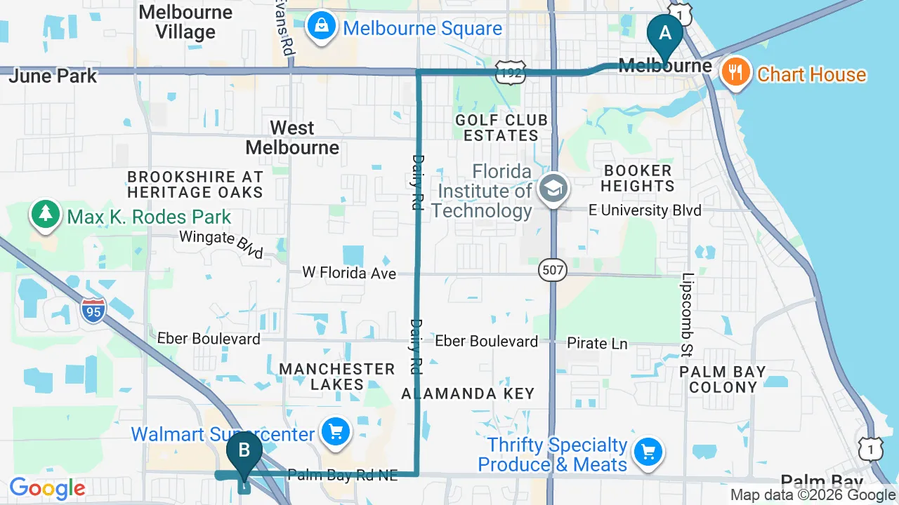 Driving directions map from Melbourne, FL to Melbourne Chiropractic Spine & Injury Center in Palm Bay
