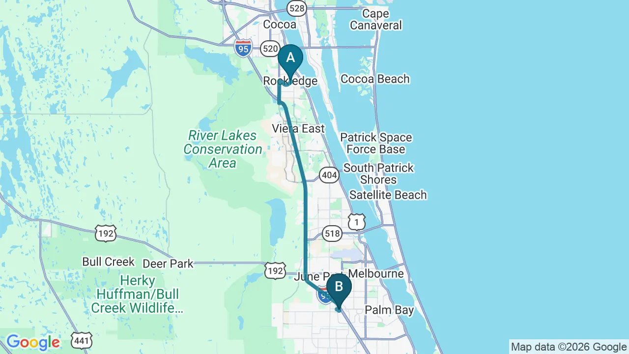 Driving directions map from Rockledge, FL to Melbourne Chiropractic Spine & Injury Center in Palm Bay